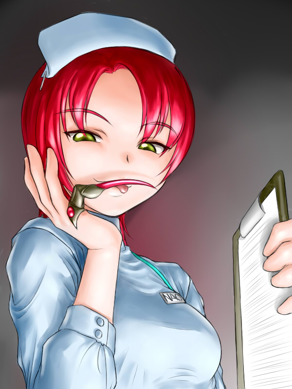 00s 1girl ^jj^ breasts claws clipboard female_focus green_eyes grin hat licking licking_finger medium_breasts my-hime name_tag nurse nurse_cap red_hair smile solo tongue yuuki_nao