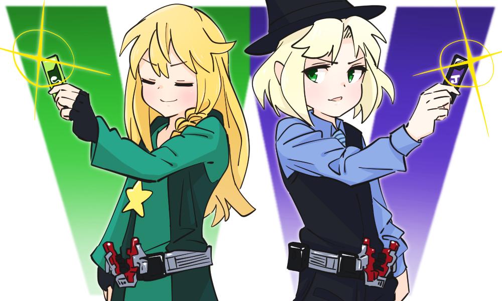 2girls black_headwear black_pants black_vest blonde_hair blue_shirt blush closed_eyes closed_mouth coat collared_shirt cookie_(touhou) cosplay cowboy_shot fedora fingerless_gloves glint gloves gram_9 green_coat green_eyes hat hidari_shoutarou hidari_shoutarou_(cosplay) joker_(cookie) kamen_rider kamen_rider_joker kamen_rider_joker_(cosplay) kamen_rider_w kirisame_marisa mizuhashi_parsee multiple_girls name_connection open_mouth pants philip_(kamen_rider) philip_(kamen_rider)_(cosplay) pointy_ears shirt short_hair smile star_(symbol) suzu_(cookie) touhou vest