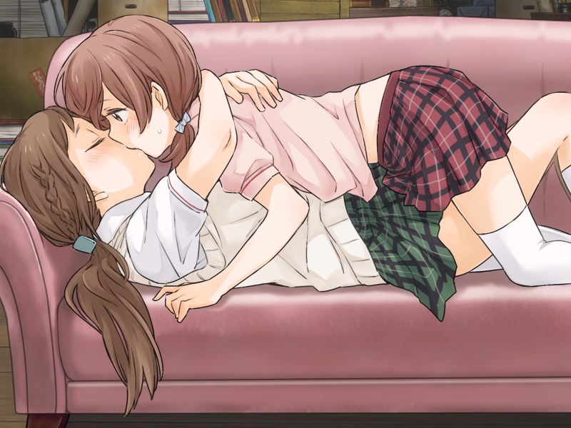 2girls aihara_miki blush brown_hair closed_eyes couch female_focus game_cg hair_ornament hug indoors kiss liar-soft lying lying_on_person maki_seina multiple_girls okujou_no_yurirei-san on_back pe88y_(yu_tsugirls) plaid_clothes plaid_skirt school_uniform skirt thighhighs thighs twintails white_legwear yuri zettai_ryouiki