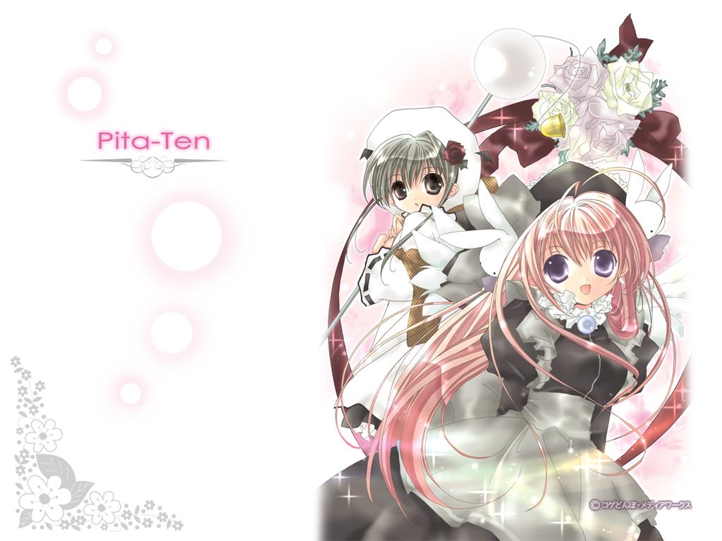 2girls :d apron black_eyes black_hair breasts copyright_name dress flower frills hair_ornament hat koge_donbo long_hair looking_at_viewer maid_headdress misha misha_(pita_ten) multiple_girls open_mouth pink_background pink_hair pita_ten purple_eyes rabbit_hair_ornament rose shia shia_(pita_ten) silver_hair simple_background smile sparkle very_long_hair waist_apron