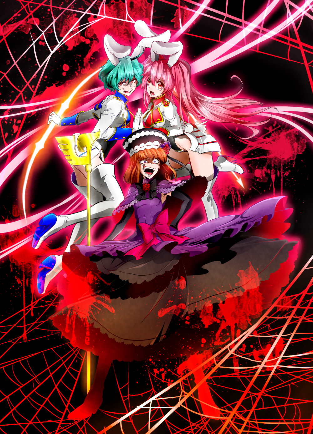 07th_expansion 3girls animal_ears aqua_hair bad_id bad_pixiv_id black_gloves blood blood_splatter boots bow capelet chiester410 chiester45 chiester_sisters crazy_smile dress elbow_gloves eva_beatrice flower gloves hat highres leotard marimo_(yousei_ranbu) multiple_girls no_naku_koro_ni_(series) open_mouth pink_hair purple_eyes rabbit_ears red_eyes red_hair rose silk smile spider_web staff thigh_boots thighhighs umineko_no_naku_koro_ni uneven_eyes white_footwear white_gloves