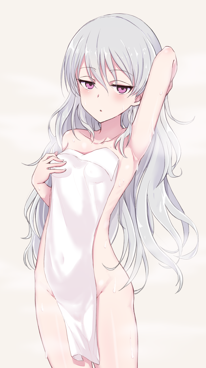 1girl arm_up armpits breasts commentary_request covering_privates darker_than_black grey_hair hair_between_eyes highres light_blush long_hair looking_at_viewer nonono_mino nude_cover open_mouth purple_eyes simple_background small_breasts solo standing towel wet white_background yin_(darker_than_black)