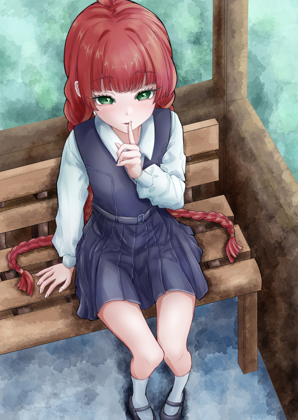 1girl ahoge bare_legs belt bench black_shoes blue_dress blunt_bangs braid commentary day dress finger_to_mouth full_body green_eyes highres kimi_no_koto_ga_dai_dai_dai_dai_daisuki_na_100-nin_no_kanojo light_blush long_braid long_hair long_sleeves looking_at_viewer low_twin_braids mary_janes outdoors parted_lips pinafore_dress puffy_long_sleeves puffy_sleeves red_hair school_uniform shirt shoes shushing sitting sleeveless sleeveless_dress smile socks solo tomohiro_(tomohiro_r36aby) twin_braids very_long_hair white_shirt white_socks yakuzen_yaku
