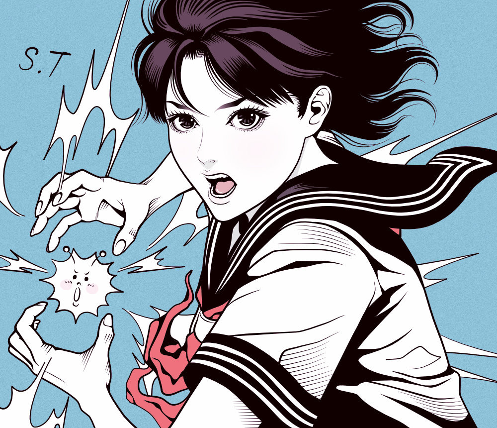 1girl black_eyes black_hair black_sailor_collar blue_background casting_spell character_request check_copyright commentary_request copyright_request dragon_ball eyelashes fingernails limited_palette looking_to_the_side neckerchief open_mouth original pale_skin red_neckerchief sailor_collar shirt short_hair signature solo spot_color takanashi_shin teeth upper_body white_shirt