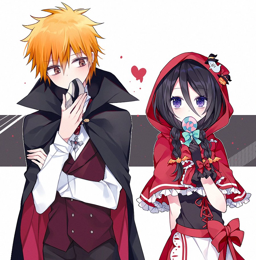 1boy 1girl alternate_costume apron arm_behind_back bat_hair_ornament black_cape black_gloves black_hair bleach blush bow braid brown_eyes candy cape capelet collared_cape colored_eyelashes cosplay covered_mouth cowboy_shot double-parted_bangs eyes_visible_through_hair food frilled_capelet frilled_gloves frills g_ieep ghost_ornament glove_bow gloves hair_between_eyes hair_ornament halloween_costume hand_up heart hetero holding holding_candy holding_food holding_lollipop holding_mask hollow_mask hood hood_up hooded_capelet jack-o&#039;-lantern jack-o&#039;-lantern_ornament kuchiki_rukia kurosaki_ichigo little_red_riding_hood_(fairy_tale) little_red_riding_hood_(fairy_tale_character)_(cosplay) little_red_riding_hood_(fairy_tale_character) lollipop long_hair long_sleeves looking_at_viewer mask orange_hair purple_eyes red_bow red_capelet red_vest shirt short_hair simple_background spiked_hair swirl_lollipop twin_braids vampire_costume vest waist_apron white_apron white_background white_shirt