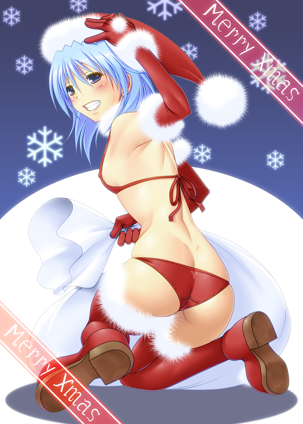 00s 1girl ass ayato bad_id bad_pixiv_id bag bikini blue_hair blush boots breasts butt_crack christmas covered_erect_nipples elbow_gloves female_focus gloves grin hair_between_eyes hat highres lyrical_nanoha magic_circle mahou_shoujo_lyrical_nanoha_strikers merry_christmas numbers_(nanoha) red_bikini red_gloves red_thighhighs sack santa_bikini santa_costume santa_hat sein_(nanoha) skindentation small_breasts smile snowflakes solo swimsuit teeth thighhighs