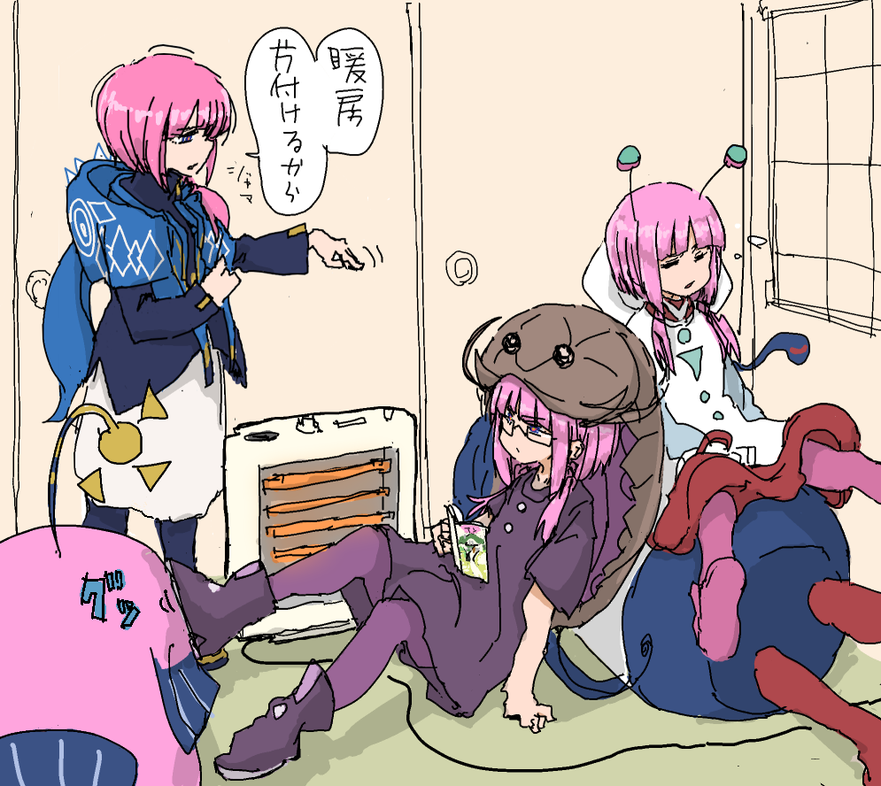 5girls alien_costume animal_costume antennae blue_capelet blue_jacket book boots capelet commentary_request dress fish_costume glaring glasses hair_over_shoulder heater holding holding_book hood hooded_capelet indoors isopod jacket kaf_(kamitsubaki_studio) kamitsubaki_studio long_sleeves looking_at_another low_ponytail low_twintails multiple_girls multiple_persona on_floor outstretched_arm pantyhose pink_hair ponytail purple_dress purple_footwear purple_pantyhose shooing short_sleeves sitting sitting_on_person sleeping sleeping_upright sotobako_e speech_bubble standing translation_request twintails white_dress window