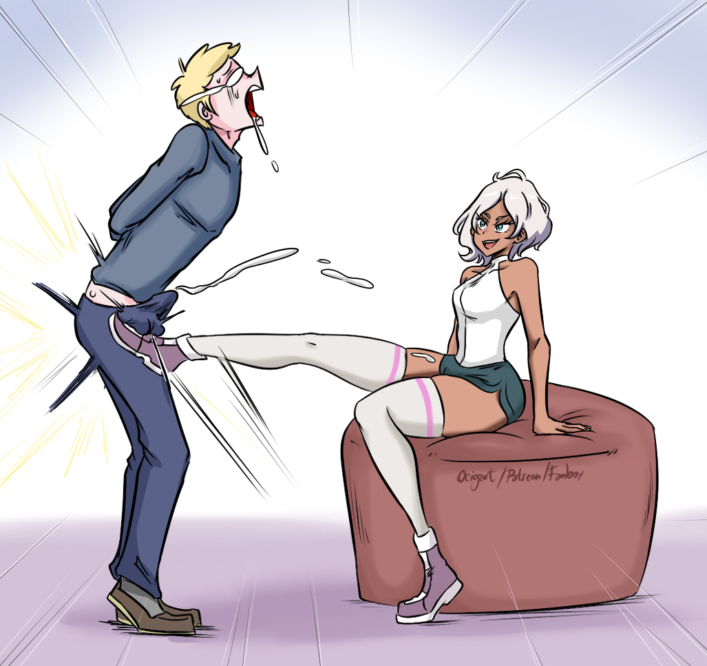 1boy 1girl ball_busting bulge crotch_kick dark_skin ejaculation_under_clothes erection erection_under_clothes kneeing ocigart premature_ejaculation secelia_dote x-ray
