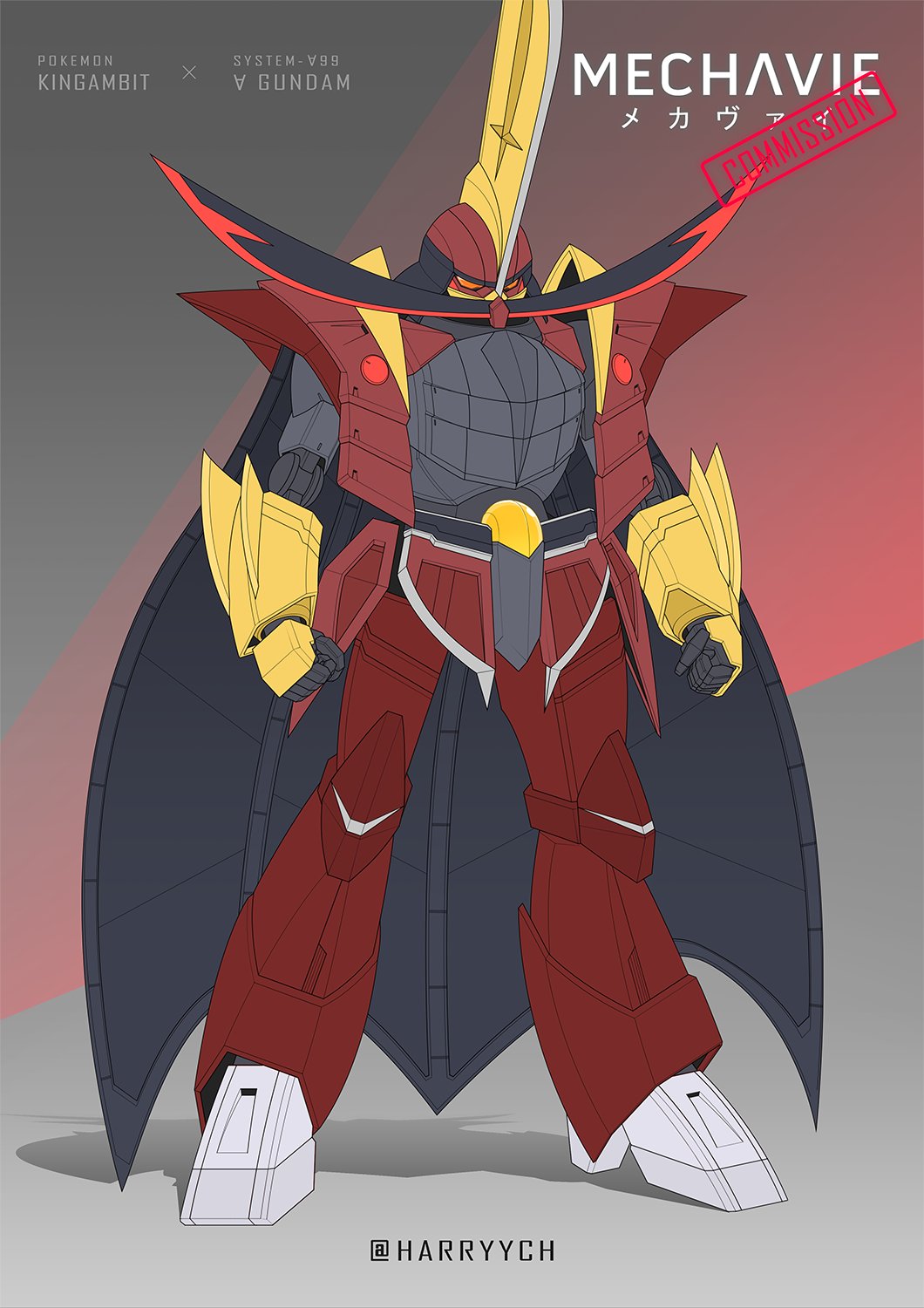 arm_blade artist_name character_name commentary cosplay crossover english_commentary english_text fusion gundam harryych highres kingambit kingambit_(cosplay) mecha mecha_focus mobile_suit nintendo no_humans pokemon pokemon_(creature) red_eyes robot science_fiction turn_a_gundam turn_a_gundam_(mobile_suit) weapon
