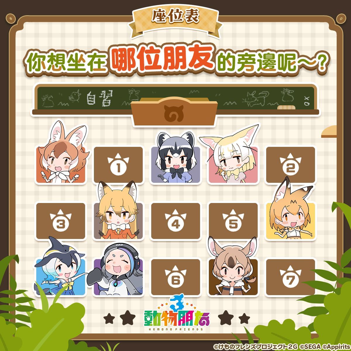 6+girls animal_ears black_hair blonde_hair blue_hair brown_hair chinese_text common_dolphin_(kemono_friends) common_raccoon_(kemono_friends) dhole_(kemono_friends) ezo_red_fox_(kemono_friends) fennec_(kemono_friends) gambian_rat_(kemono_friends) giant_penguin_(kemono_friends) grey_hair highres kemono_friends kemono_friends_3 kurokw_(style) multiple_girls official_art orange_hair serval_(kemono_friends)