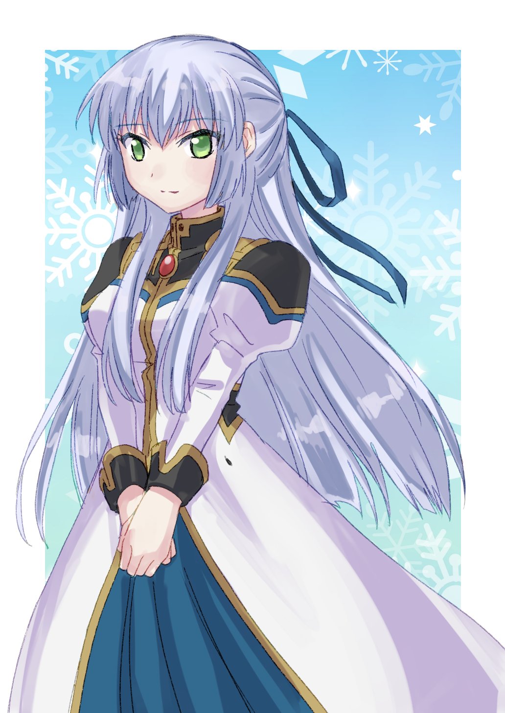 1girl alternate_hairstyle angel_wing_uniform blue_dress blue_ribbon cowboy_shot dress galaxy_angel green_eyes hair_ribbon highres karasuma_chitose kitaru long_hair monocle monocle_chain ribbon snowflakes solo white_hair