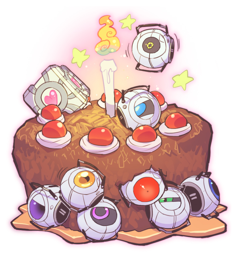adventure_core anger_core ball blue_eyes box cake candle constricted_pupils cream curiosity_core fact_core fire floating food food_focus full_body green_eyes half-closed_eyes heart intelligence_core looking_at_another looking_to_the_side looking_up morality_core motion_lines no_humans non-humanoid_robot one-eyed outline pink_eyes pink_outline portal_(series) purple_eyes red_eyes robot sanjiro_(tenshin_anman) simple_background space_core star_(symbol) aperture_science_weighted_companion_cube wheatley white_background yellow_eyes