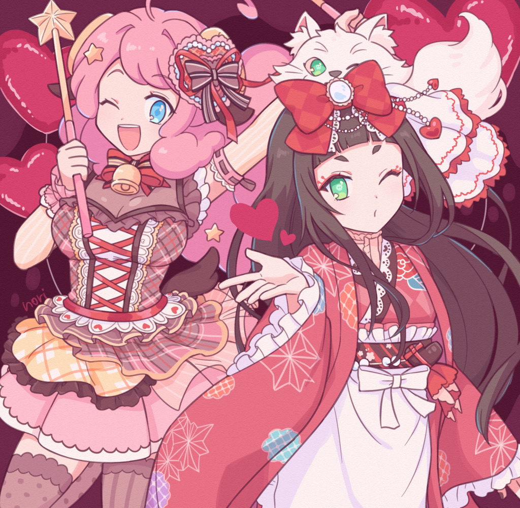 2girls ;d ahoge animal animal_ears animal_on_head balloon bell black_hair blowing_kiss blue_eyes blunt_bangs bodice bow bowtie breasts cat cat_on_head chiyo_nori cleavage cowboy_shot floral_print fluffy_hair green_eyes hair_bow hair_ornament heart heart_balloon holding holding_wand horns japanese_clothes kimono long_hair looking_at_viewer marimari_(show_by_rock!!) moa_(show_by_rock!!) multiple_girls neck_bell on_head one_eye_closed open_mouth outstretched_arm pink_hair pink_skirt pink_thighhighs purple_background red_bow red_bowtie red_kimono sheep_ears sheep_girl sheep_horns sheep_tail short_bangs show_by_rock!! skirt smile standing star_(symbol) star_hair_ornament tail thighhighs wand white_cat wrist_cuffs