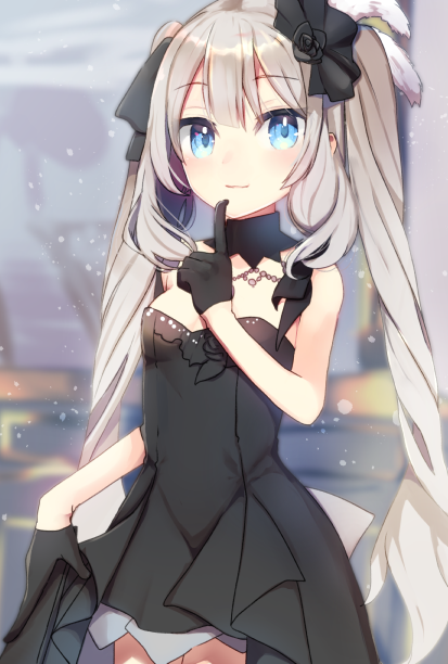 1girl ameshizuku_natsuki black_dress black_gloves blue_eyes blush breasts cleavage detached_collar dress fate/grand_order fate_(series) female_focus gloves hair_ribbon index_finger_raised long_hair looking_at_viewer marie_antoinette_(fate) marie_antoinette_(formal_dress)_(fate) official_alternate_costume ribbon short_dress silver_hair small_breasts smile solo strapless strapless_dress twintails very_long_hair