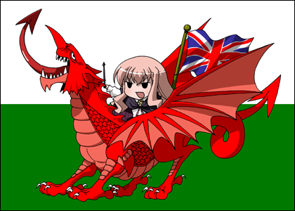 1girl :d bad_source black_eyes commentary_request dragon flag holding holding_wand long_hair long_sleeves louise_francoise_le_blanc_de_la_valliere lowres maso_(ascii_art) no_nose open_mouth pink_hair riding riding_dragon smile union_jack wand welsh_flag western_dragon zero_no_tsukaima