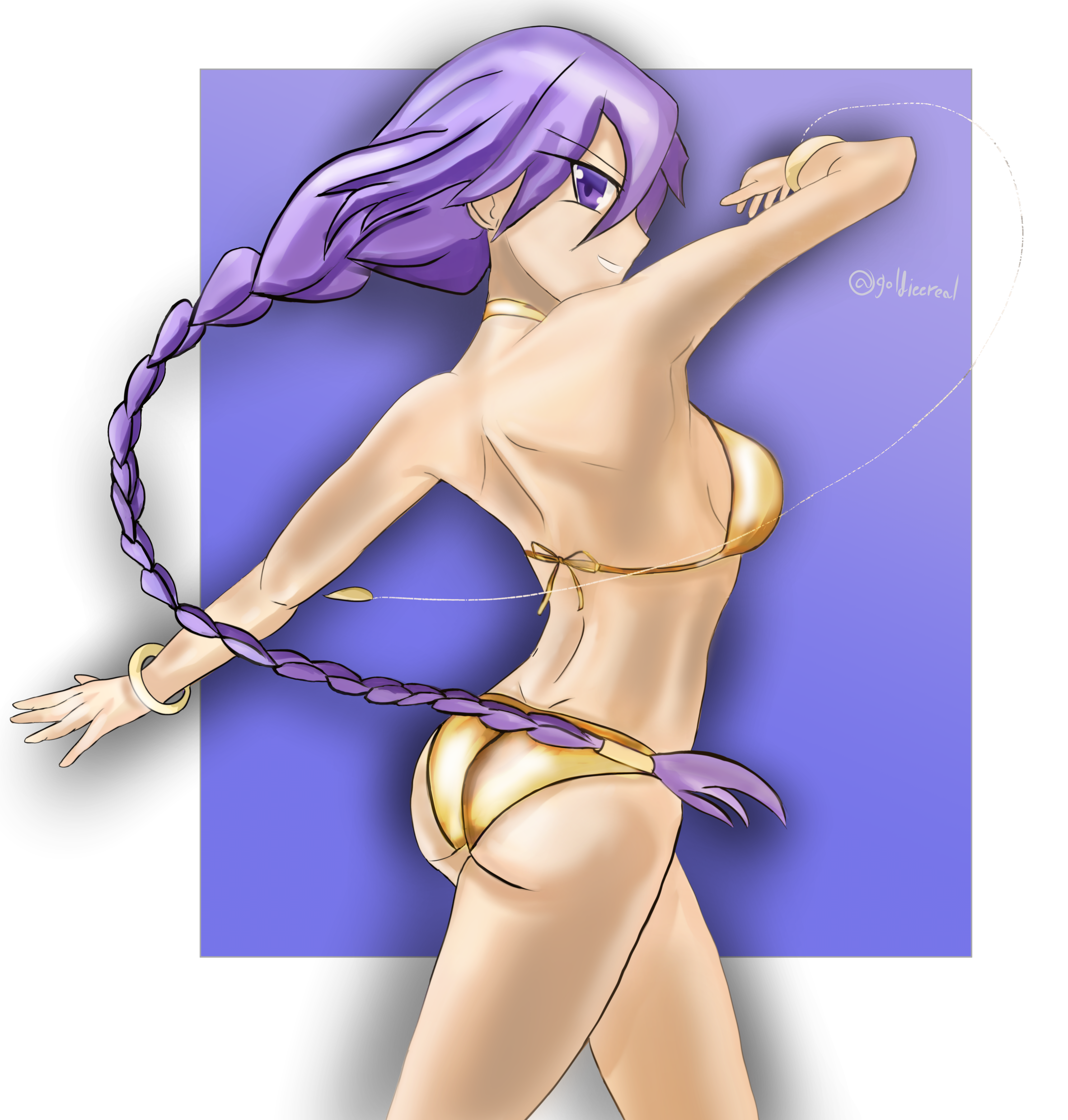 1girl absurdres artist_name ass bikini braid braided_ponytail breasts carnival_phantasm gold_bikini highres large_breasts legs long_hair looking_at_viewer melty_blood open_mouth purple_eyes purple_hair sideboob sion_eltnam_(type-moon) sion_eltnam_atlasia smile solo swimsuit thighs tongue tsukihime very_long_hair volleyball