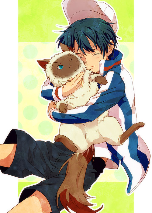 1boy animal animal_hug aqua_hair baseball_cap black_shorts blue_eyes blush brown_fur cat closed_eyes colorpoint cowboy_shot echizen_ryooma floating_clothes green_background hair_between_eyes happy hat hat_loss high_collar holding holding_animal holding_cat jacket karupin light_smile looking_at_another male_focus mimana one_eye_closed open_clothes open_jacket outline pet pillarboxed polka_dot polka_dot_background short_hair shorts tennis_no_ouji-sama track_jacket whiskers white_fur white_hat white_outline
