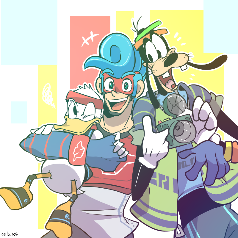 3boys @_@ ahoge angry arms_(game) bird black_eyes blue_eyes blue_hair camera cello_us cowboy_shot disney dog donald_duck duck gloves goofy happy hat headband holding holding_camera hug kingdom_hearts long_ears looking_at_another looking_at_viewer mask multiple_boys nintendo one_eye_closed open_mouth smile spring_man_(arms) square_enix teeth thick_eyebrows tongue