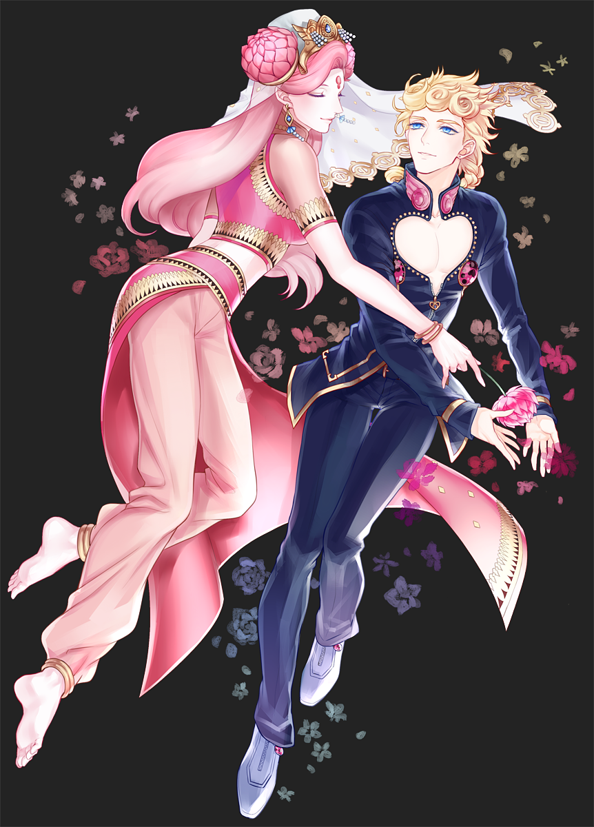 1boy 1girl anklet bad_id bad_pixiv_id barefoot blonde_hair blue_eyes braid bug closed_eyes crossover double_bun earrings feet flower forehead_jewel giorno_giovanna hair_bun haze00 headdress highres indian_clothes insect jewelry jojo_no_kimyou_na_bouken ladybug midriff parvati parvati_(megami_tensei) petals pink_hair shin_megami_tensei simple_background skirt tank_top tiara toes vento_aureo