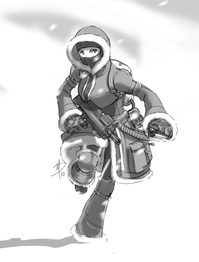 1girl backpack bag balaclava boots capcom explosive female_focus fur_trim gloves grenade greyscale gun hood lost_planet lost_planet_colonies monochrome polarityplus randoseru solo submachine_gun weapon winter_clothes