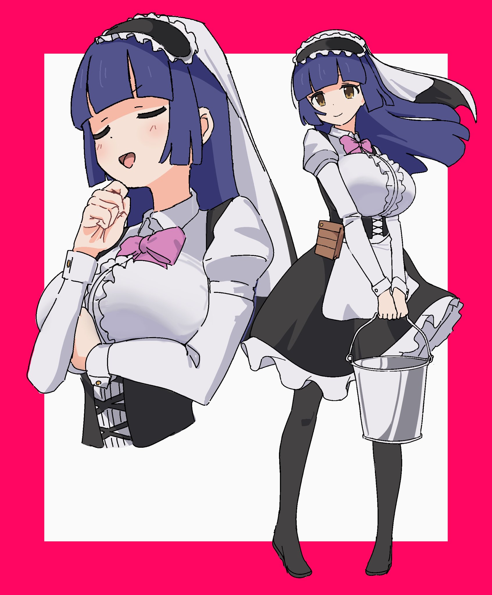 1girl :d bad_id bad_twitter_id black_corset black_pantyhose black_skirt blue_hair blunt_bangs blunt_ends blunt_sidelocks border bow bowtie breasts bucket center_frills character_request closed_eyes collared_shirt commission copyright_request corset cropped_torso cross-laced_clothes cross-laced_corset frilled_hairband frilled_skirt frills full_body hairband hand_up highres hime_cut holding holding_bucket juliet_sleeves large_breasts layered_skirt long_hair long_sleeves multiple_views no_shoes open_mouth osakana_(kitasisn) pantyhose pink_bow pink_bowtie pouch puffy_sleeves shirt sidelocks skeb_commission skirt sleeve_cuffs smile standing u_u veil white_shirt white_veil yellow_eyes