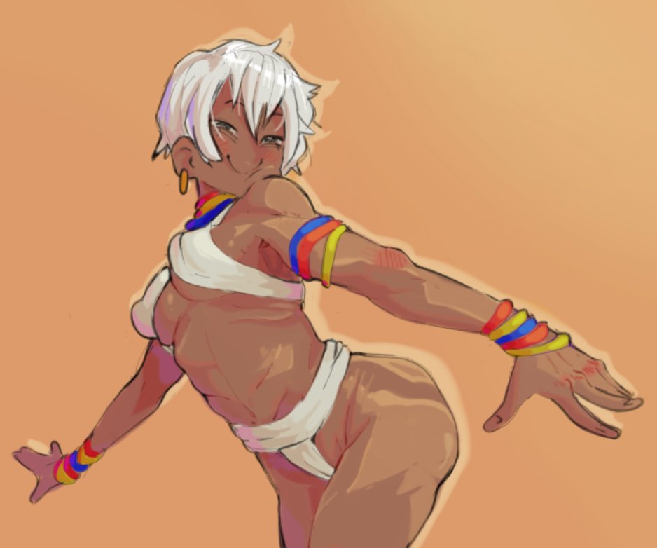 1girl ass breasts dark-skinned_female dark_skin earrings elena_(street_fighter) goose_llow jewelry medium_breasts short_hair solo street_fighter underboob white_hair