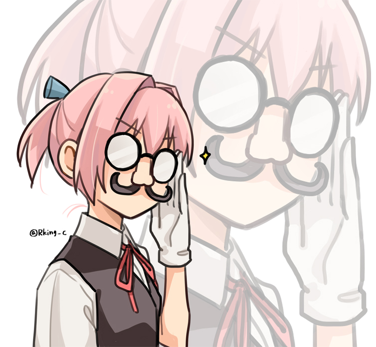1girl commentary_request dress_shirt fake_facial_hair fake_mustache glasses grey_vest groucho_glasses kantai_collection neck_ribbon parody pink_hair ponytail r-king red_ribbon ribbon school_uniform shiranui_(kancolle) shirt short_hair short_sleeves solo title_parody twitter_username upper_body vest white_shirt