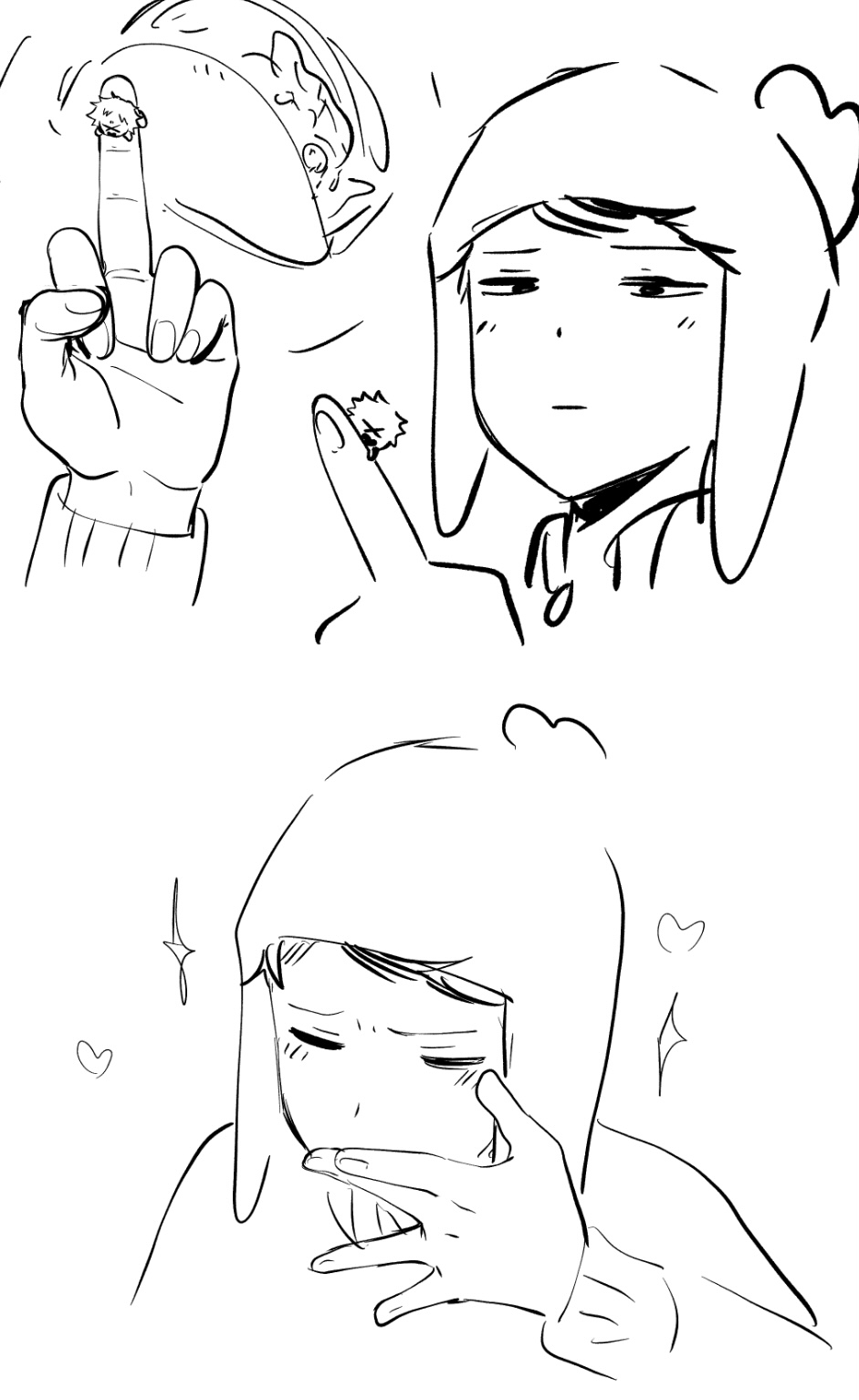 2boys beanie chibi closed_eyes commentary craig_tucker eating echigoya_takeru food hat highres holding looking_down middle_finger monochrome multiple_boys pom_pom_(clothes) pom_pom_beanie size_difference sketch south_park taco tweek_tweak