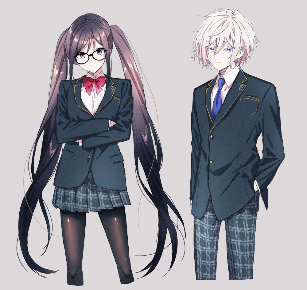 1boy 1girl akuta_hinako alternate_costume arm_at_side black-framed_eyewear black_pantyhose blue_jacket blue_necktie blue_pants blue_skirt bow bowtie brown_eyes brown_hair chaldea_logo closed_mouth cropped_legs crossed_arms fate/grand_order fate_(series) glasses gold_trim grey_background hair_between_eyes hand_in_pocket jacket long_hair long_sleeves looking_at_viewer necktie pants pantyhose plaid_clothes plaid_pants plaid_skirt pleated_skirt prince_of_lan_ling_(fate) purple_eyes red_bow red_bowtie school_uniform shirt short_hair side-by-side simple_background skirt smile twintails wani_(mezo) white_hair white_shirt yu_mei-ren_(fate)