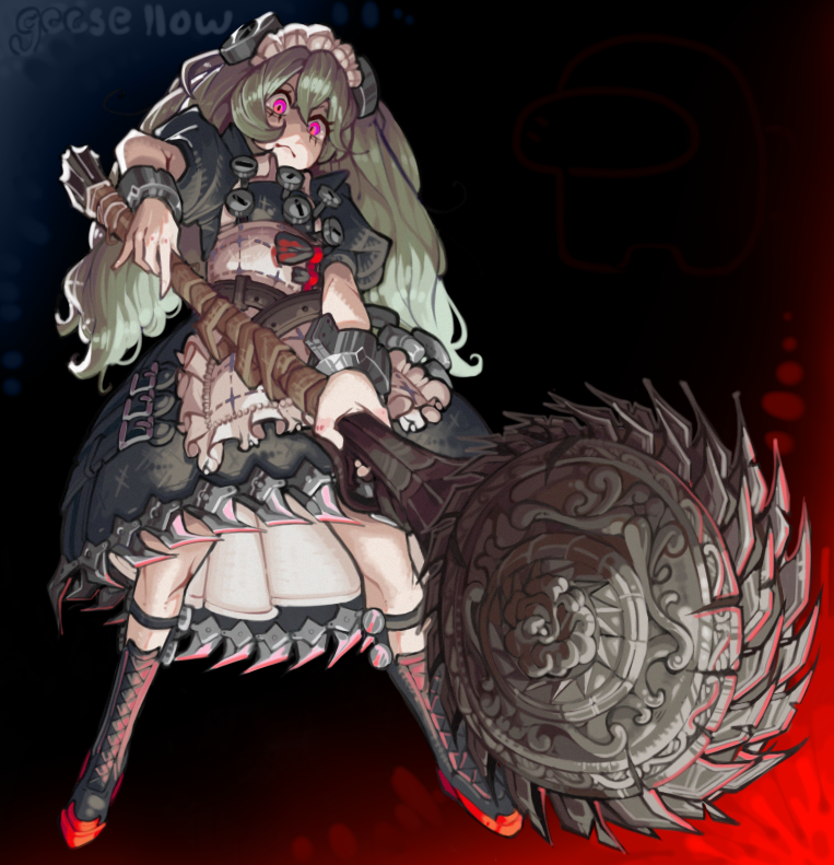 1girl apron artist_name belt black_bow black_dress bloodborne boots bow circular_saw commentary corin_wickes dress english_commentary goose_llow green_hair hair_between_eyes holding holding_weapon knee_boots long_hair maid maid_headdress pink_eyes puffy_short_sleeves puffy_sleeves saw screw_hair_ornament short_sleeves solo twintails weapon whirligig_saw white_apron zenless_zone_zero