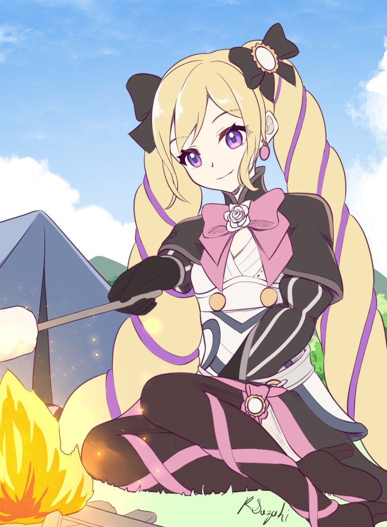 1girl black_boots black_bow black_dress blonde_hair blue_sky boots bow closed_mouth commentary dress earrings elise_(fire_emblem) english_commentary fire fire_emblem fire_emblem_fates food hair_bow high_heel_boots high_heels jewelry long_hair long_sleeves looking_at_viewer marshmallow multicolored_hair nintendo outdoors purple_eyes purple_hair roasting ryo-suzuki signature sky smile solo tent thigh_boots twintails two-tone_hair very_long_hair