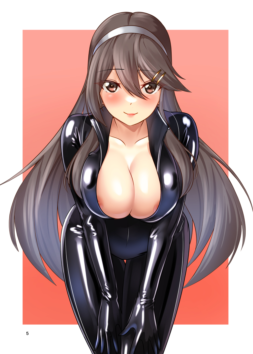 1girl alternate_breast_size alternate_costume areola_slip black_bodysuit bodysuit breasts brown_eyes cleavage grey_hair hair_between_eyes hairband haruna_(kancolle) highres kantai_collection large_breasts latex latex_bodysuit leaning_forward long_hair looking_at_viewer skin_tight smile solo very_long_hair wata_nuki white_hairband