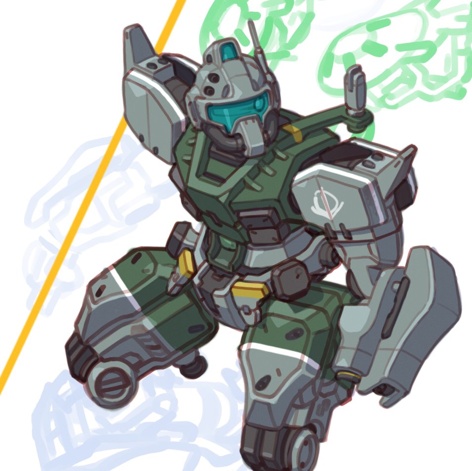 alternate_color assault_visor blue_visor cameron_sewell commentary english_commentary gelgoog gelgoog_(gquuuuuux) gundam gundam_gquuuuuux looking_to_the_side mecha mecha_focus no_humans robot science_fiction sketch_background solo squatting white_background