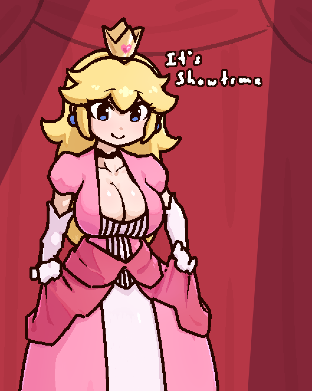 1girl alternate_costume blonde_hair blue_eyes breasts cleavage cleavage_cutout clothes_lift clothing_cutout crown dress dress_lift english_text gloves highres large_breasts lifting_own_clothes liveactors long_hair mario_(series) nintendo oekaki princess princess_peach smile solo third-party_edit