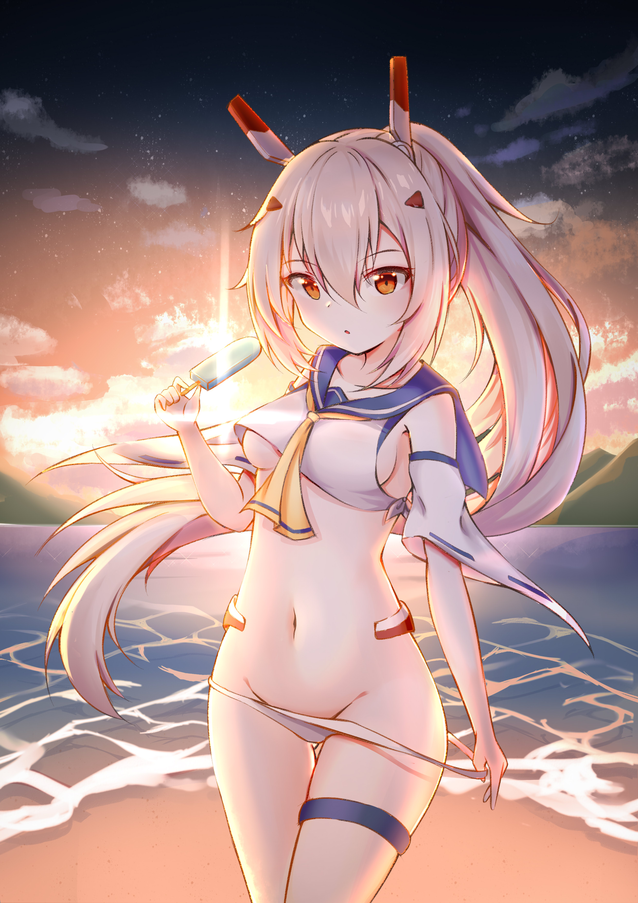 1girl absurdres armpits ascot ayanami_(azur_lane) ayanami_(retrofit)_(azur_lane) azur_lane beach breasts cloud cloudy_sky collarbone commentary_request detached_sleeves food groin hair_ornament hairclip highres holding horizon juiceneko long_hair looking_at_viewer medium_breasts midriff navel ocean orange_eyes panties parted_lips ponytail popsicle retrofit_(azur_lane) school_uniform serafuku sideboob silver_hair sky solo sunrise underboob underwear unworn_panties white_panties wide_sleeves wind