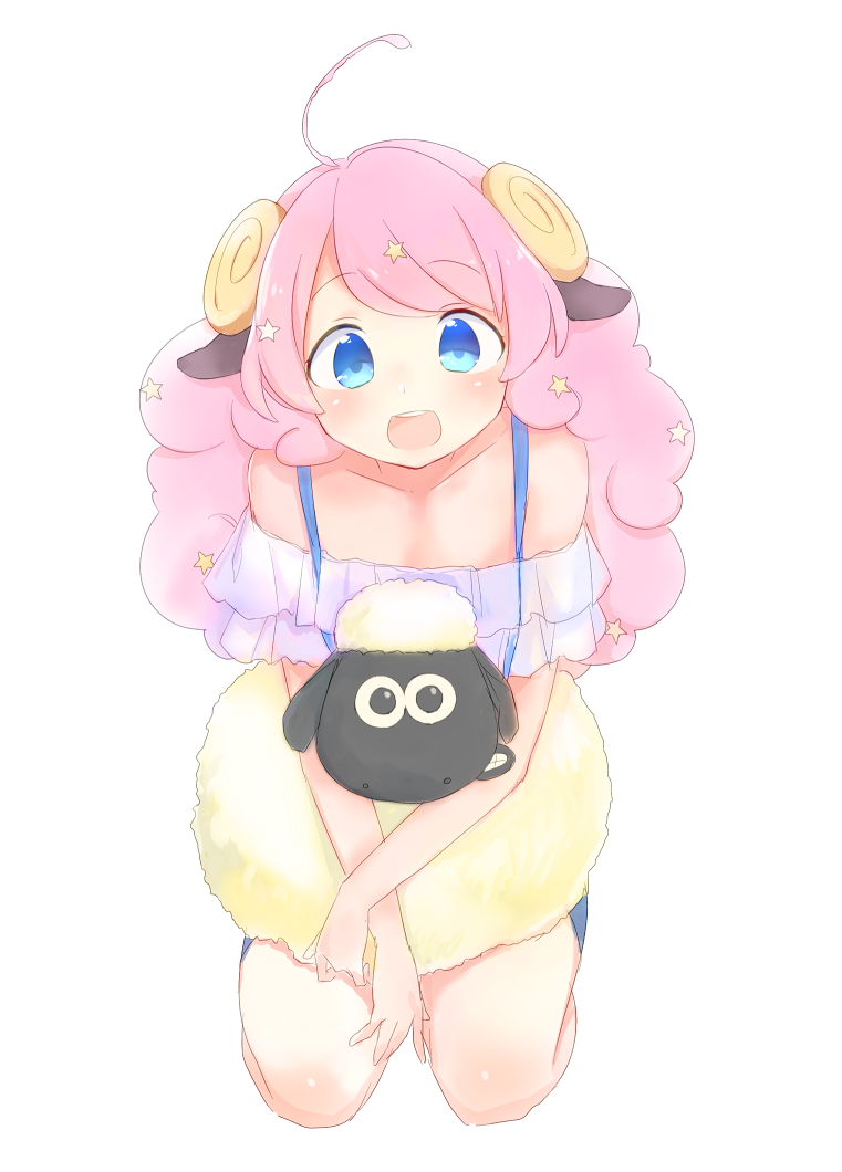 1girl ahoge animal_ears blue_eyes blush crossover horns long_hair looking_at_viewer moa_(show_by_rock!!) open_mouth pink_hair shaun_the_sheep sheep show_by_rock!! simple_background smile star_(symbol) wallace_&amp;_gromit white_background