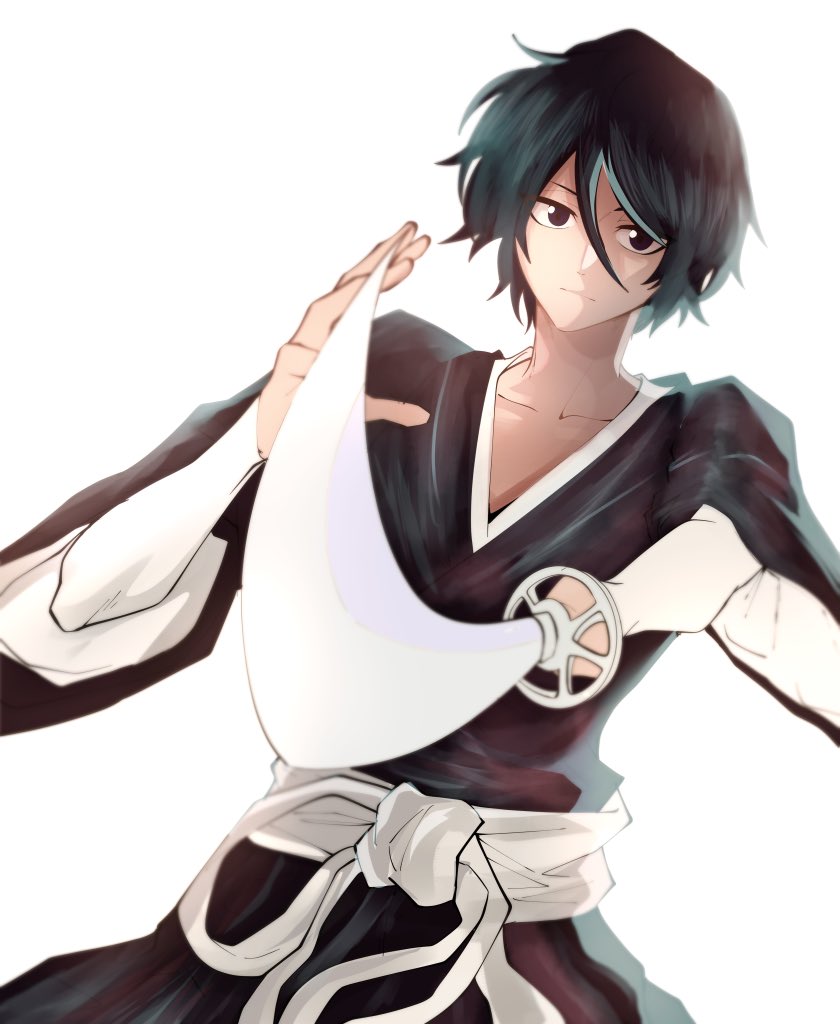 1girl arm_warmers black_eyes black_hair black_kimono bleach closed_mouth collarbone commentary cowboy_shot double-parted_bangs dutch_angle eyebrows_hidden_by_hair fighting_stance foreshortening hair_between_eyes hands_up holding holding_sword holding_weapon japanese_clothes katana kimono kuchiki_rukia pointing pointing_at_viewer sash shihakusho short_hair sode_no_shirayuki_(shikai) solo split_mouth sword thatamaan weapon white_arm_warmers white_sash wide_sleeves