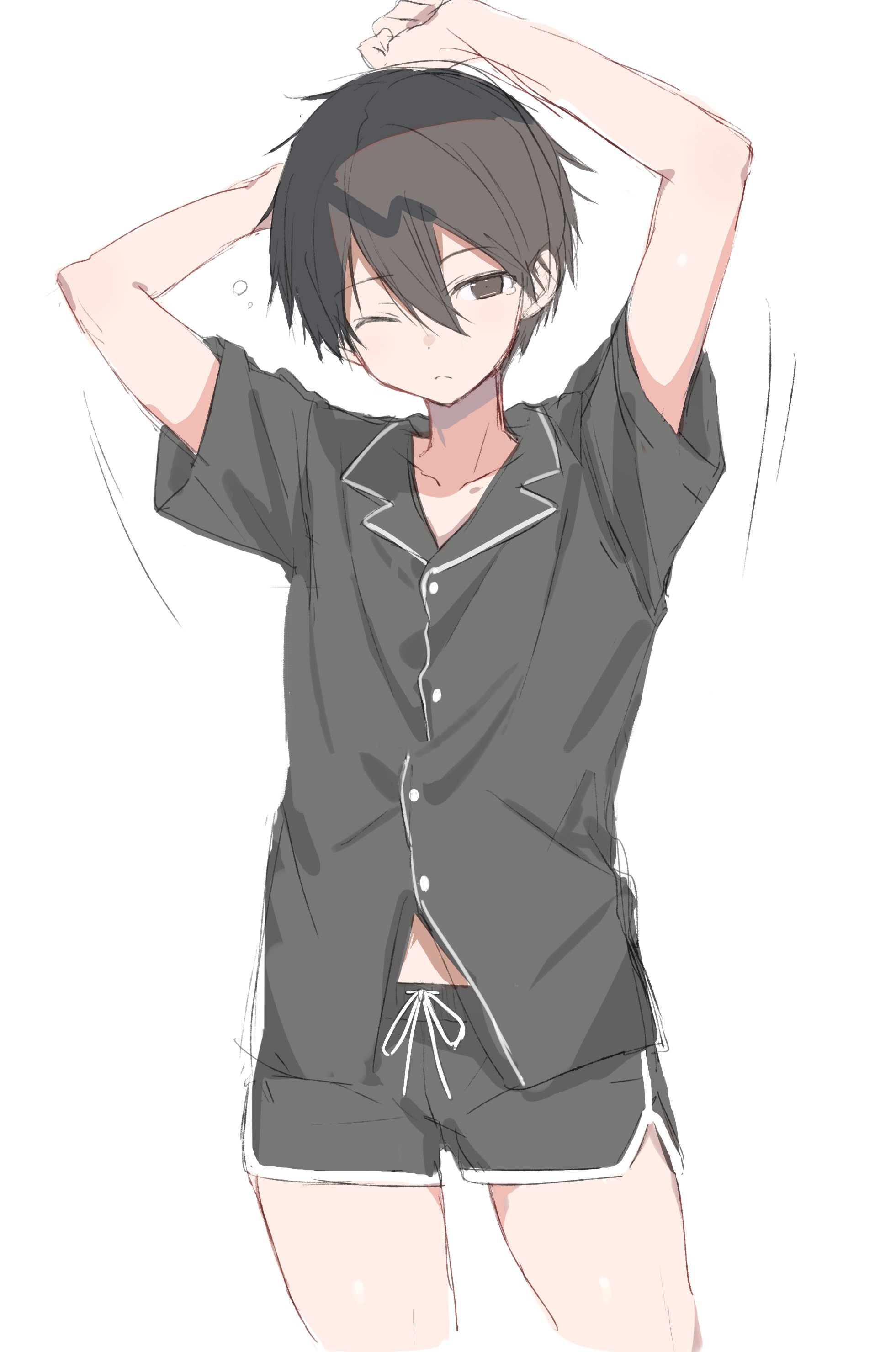 1boy absurdres arms_up black_eyes black_hair black_pajamas black_shirt black_shorts closed_mouth hair_between_eyes highres kirito looking_at_viewer male_focus ogura_ari one_eye_closed pajamas shirt short_sleeves shorts simple_background solo sword_art_online tears waking_up white_background