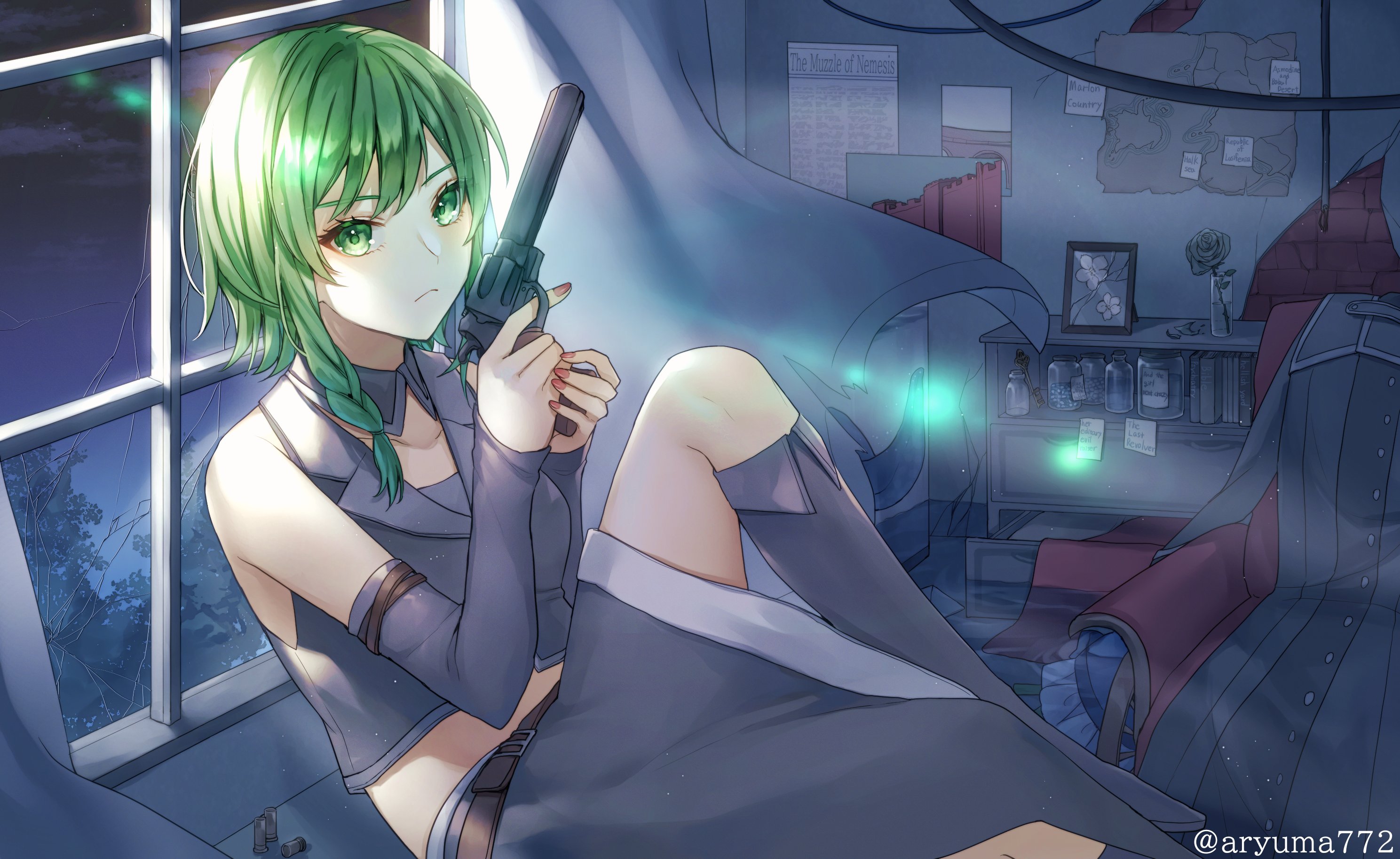 1girl arm_warmers aryuma772 bare_shoulders boots braid braided_bangs brick_wall clockworker's_doll collar collarbone collared_jacket couch crack cracked_glass crop_top curtains detached_collar detached_sleeves drawer evillious_nendaiki flower foliage frown green_eyes green_hair grey_boots grey_collar grey_jacket grey_skirt grey_sleeves gumi gun handgun highres holding holding_gun holding_weapon jacket knee_boots knee_up leg_up lens_flare long_skirt looking_at_viewer map master_of_the_hellish_yard_(vocaloid) midriff nemesis_no_juukou_(vocaloid) nemesis_sudou newspaper on_couch picture_frame red_nails revolver rose serious shelf shell_casing side_braid sideways_glance sitting skirt skirt_cutout sleeveless sleeveless_jacket solo song_name string_chart torn_curtains weapon window