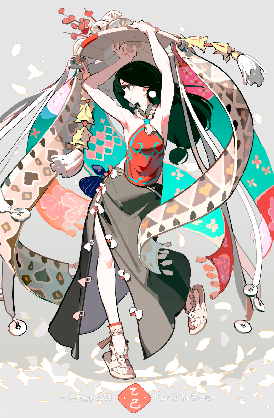1girl armpits arms_up black_hair black_skirt breasts chinese_zodiac commentary_request earrings facing_to_the_side full_body halterneck highres jewelry long_hair long_skirt low_ponytail original ponytail sandals shirt skirt sleeveless sleeveless_shirt small_breasts solo tennohi year_of_the_snake