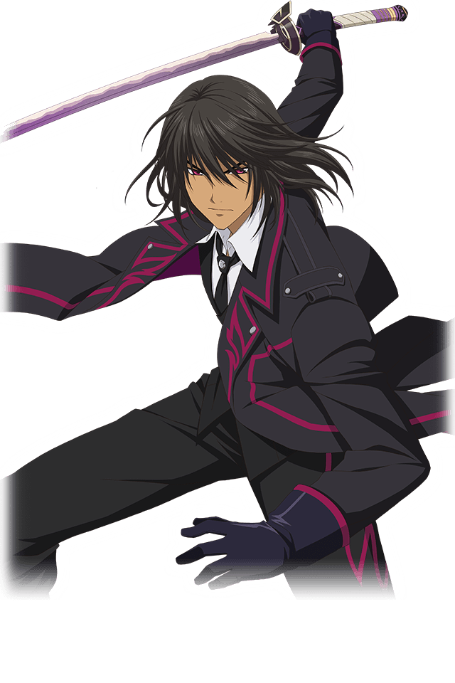 1boy black_hair blade clothes coat dark_skin dark-skinned_male gaius_(tales) gloves jacket long_hair looking_at_viewer male_focus necktie official_art pants purple_eyes serious shirt simple_background solo standing sword tales_of_(series) tales_of_xillia tales_of_xillia_2 weapon