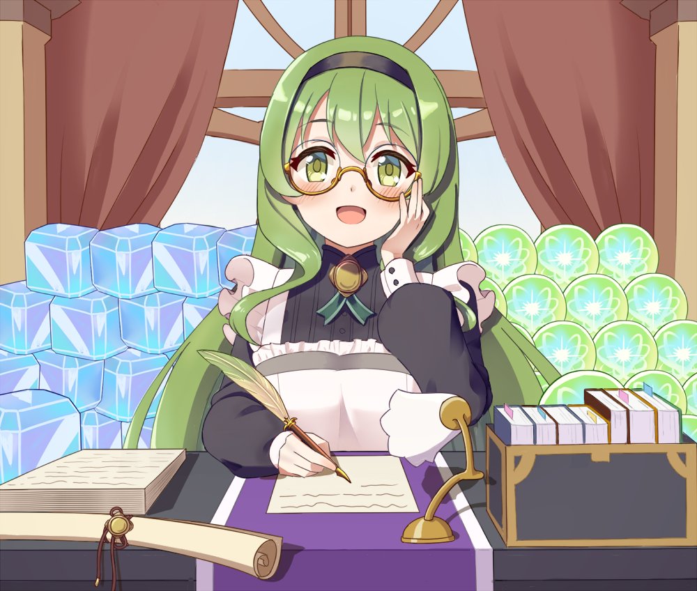 1girl blush breasts green_eyes green_hair karin_(princess_connect!) large_breasts long_hair looking_at_viewer maid open_mouth princess_connect! teaaaaa511