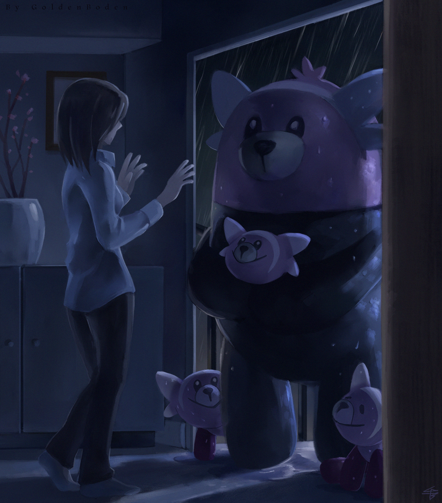 1girl bewear breasts dark evolutionary_line eye_contact flower gen_7_pokemon holding holding_pokemon indoors looking_at_another medium_hair mei_ford night night_sky nintendo original pants pokemon pokemon_(creature) rain shirt shoes signature sitting sky small_breasts smile standing stufful wet wet_face