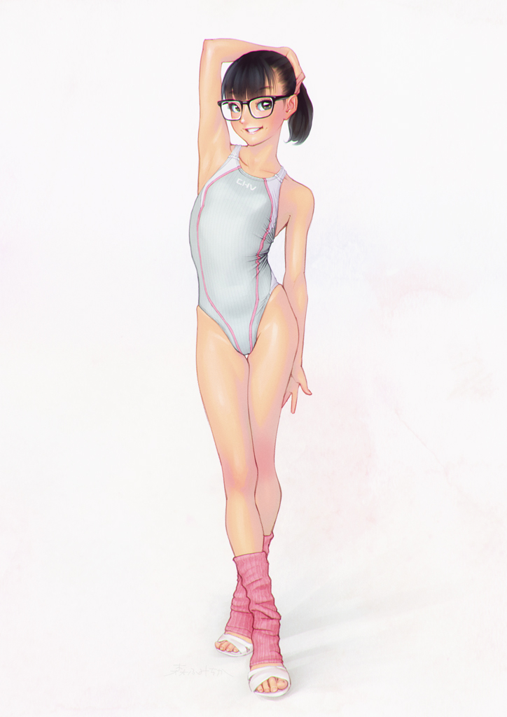 1girl armpits black_hair breasts brown_eyes commentary_request competition_swimsuit full_body fumichika_mori glasses grey_one-piece_swimsuit highleg highleg_one-piece_swimsuit leg_warmers looking_at_viewer one-piece_swimsuit original ponytail sandals short_hair simple_background small_breasts smile solo swimsuit toes white_background