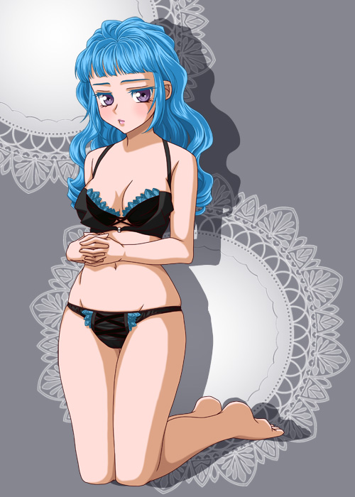 1girl ange_serena bare_shoulders barefoot blue_hair blush bra breasts cleavage grey_background groin lingerie lips long_hair midriff navel panties purple_eyes tales_of_(series) tales_of_innocence underwear