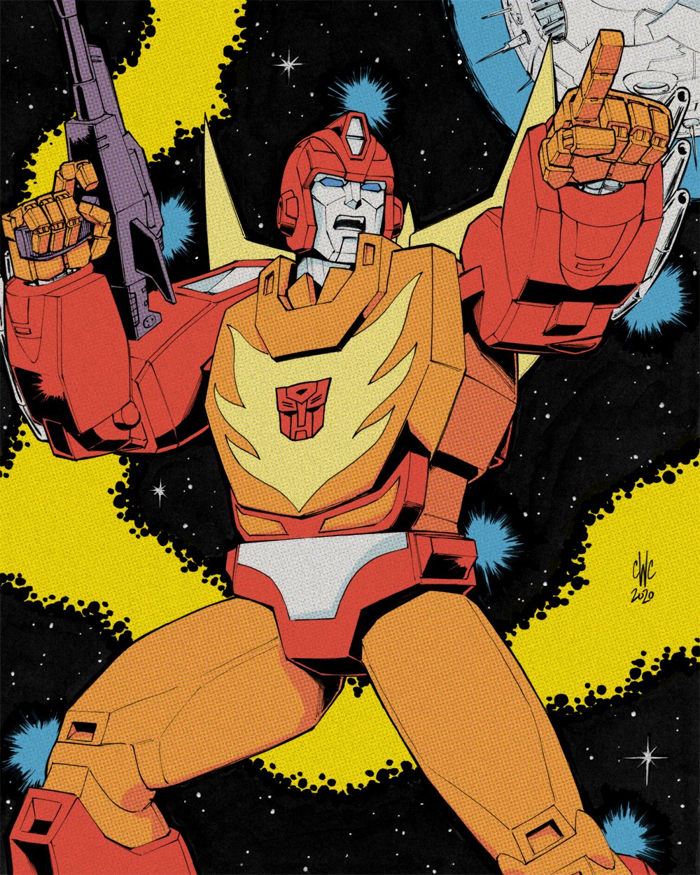 1980s_(style) 1boy autobot blue_eyes casey_w._coller commentary english_commentary gun highres holding holding_gun holding_weapon male_focus mecha no_humans oldschool open_mouth planet pointing retro_artstyle robot rodimus_prime science_fiction solo space transformers weapon