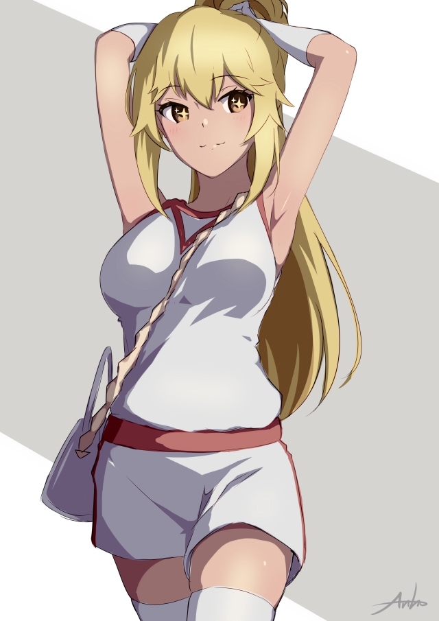 1girl anho armpits arms_behind_head artist_name bag blonde_hair breasts chain closed_mouth elbow_gloves gloves gym_shirt gym_shorts gym_uniform hair_between_eyes handbag large_breasts long_hair looking_to_the_side no_emblem ponytail shirt shokuhou_misaki short_shorts shorts simple_background sleeveless sleeveless_shirt smile solo sparkling_eyes thighhighs toaru_kagaku_no_mental_out toaru_kagaku_no_railgun toaru_kagaku_no_railgun_t toaru_majutsu_no_index tokiwadai_school_gym_uniform white_gloves white_shirt white_shorts white_thighhighs yellow_eyes