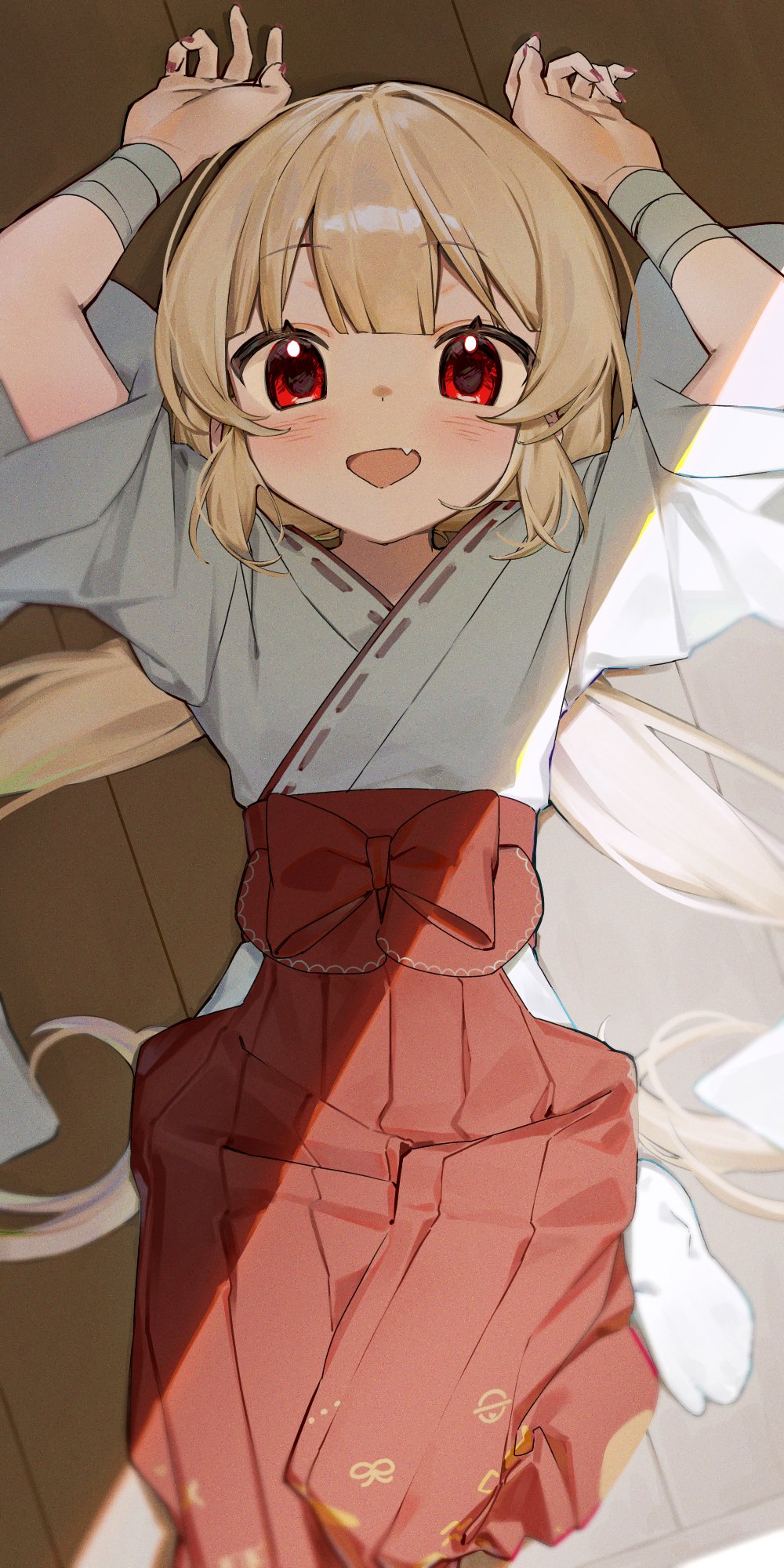1girl arms_up bandaged_arm bandages blonde_hair blush fang hakama highres japanese_clothes kimono long_hair looking_at_viewer low_twintails lying nail_polish nan0ng nano_(nan0ng) natori_sana natori_sana_(miko) on_back open_mouth red_eyes red_hakama red_nails sana_channel solo tabi twintails very_long_hair virtual_youtuber white_kimono wide_sleeves