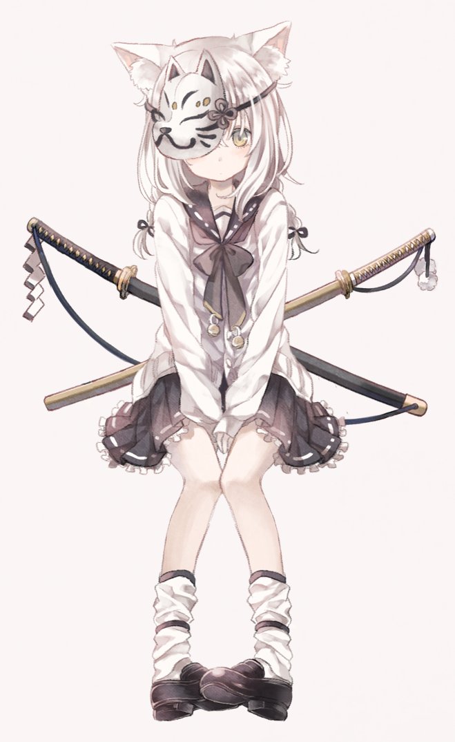 1girl animal_ear_fluff animal_ears between_legs black_bow black_footwear black_neckwear blush bow closed_mouth female_focus fox_ears fox_mask frilled_skirt frills grey_background hand_between_legs invisible_chair katana long_hair mask original oro_ponzu scabbard sheath simple_background sitting skirt solo sword sword_on_back weapon weapon_on_back white_hair yellow_eyes