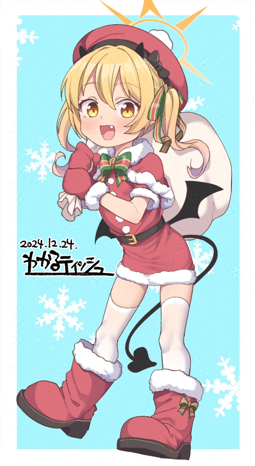 1girl :d adversarial_noise ankle_boots artist_name asymmetrical_hair belt beret black_belt black_horns black_tail black_wings blonde_hair blue_archive blue_background blush boots border bow capelet dated demon_girl demon_horns demon_tail demon_wings dress fang full_body fur-trimmed_boots fur-trimmed_capelet fur-trimmed_dress fur-trimmed_gloves fur-trimmed_sleeves fur_trim gloves hair_ribbon hands_up hat hat_bow highres holding horns ibuki_(blue_archive) kanabun long_hair looking_at_viewer low_wings mini_wings minidress one_side_up open_mouth pom_pom_hat_ornament red_boots red_capelet red_dress red_gloves red_hat ribbon short_dress short_sleeves smile snowflake_background solo standing tail thighhighs white_border white_thighhighs wings yellow_background yellow_eyes
